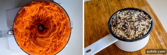 Peeled carrots and wild rice blend, key ingredients for leftover turkey soup. Two images: one of peeled carrots and another of a quick-cooking wild rice blend in a measuring cup, ready to be added to the leftover turkey soup.