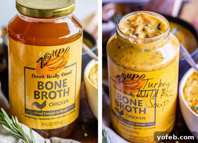 Zoup! Bone Broth – the foundation for a rich Creamy Turkey Wild Rice Soup. A stack of Zoup! Bone Broth jars, highlighting the quality broth used in the turkey wild rice soup recipe.