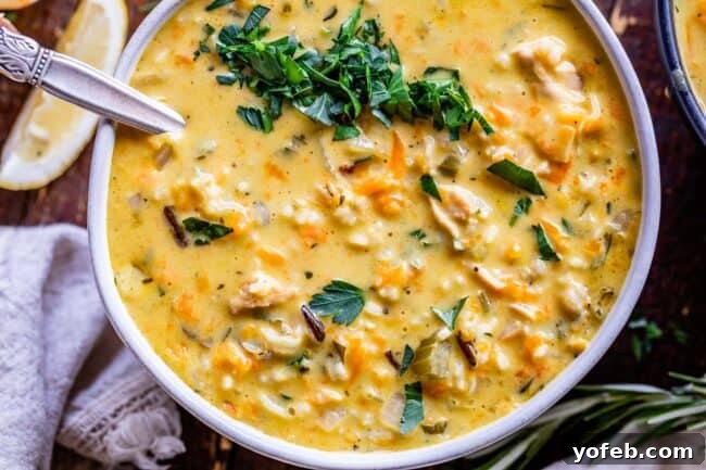 Hearty Turkey and Wild Rice Soup, a comforting and flavorful dish. A vibrant bowl of turkey and wild rice soup, artfully arranged to highlight its hearty ingredients and inviting appearance.