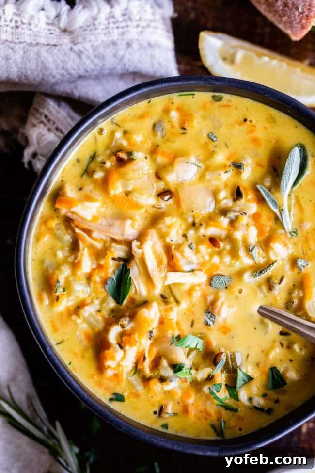 Warm and inviting Creamy Turkey Wild Rice Soup, garnished for serving. A bowl of Creamy Turkey Wild Rice Soup, adorned with fresh herbs, and a spoon dipped in, ready to be eaten. The inviting texture and rich color make it a perfect comfort food.