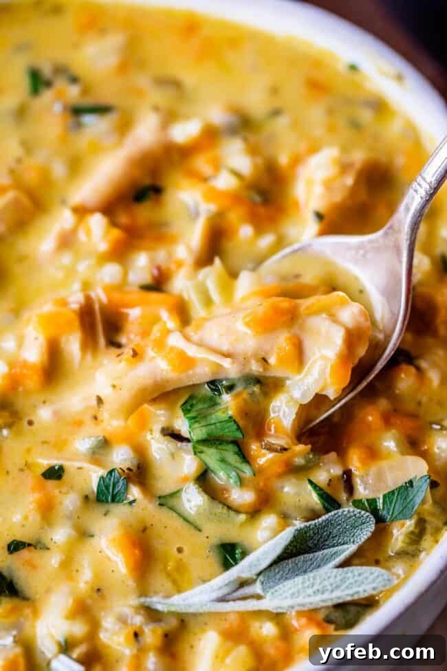 Creamy Turkey Wild Rice Soup with wild rice blend - a wholesome and delicious recipe. A creamy turkey wild rice soup in a pristine white bowl, showcasing its rich texture and ingredients, with a spoon resting in the bowl.
