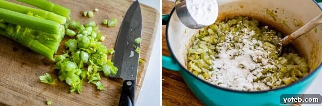 Chopping and sautéing celery for Creamy Turkey Wild Rice Soup base. Two images side-by-side demonstrating the initial steps of making turkey and wild rice soup: chopped celery in a bowl and sautéing celery and onions in a large pot.