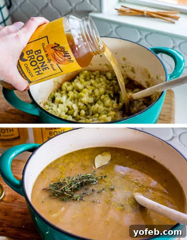 Adding rich bone broth to the Creamy Turkey Wild Rice Soup base. A hand pouring Zoup! Chicken Bone Broth into a blue crockpot, signifying the addition of liquid to the creamy turkey wild rice soup mixture.