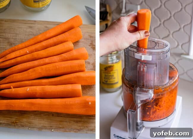 Shredding carrots for Creamy Turkey Wild Rice Soup using a food processor. Two images demonstrating carrot preparation for turkey wild rice soup: a pile of peeled carrots and a food processor actively shredding a carrot.