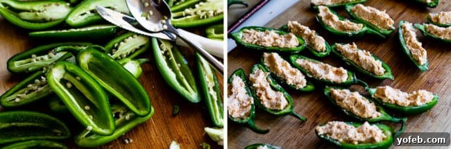 Deseeded and Stuffed Jalapeño Poppers On the left, a jalapeño with some seeds and membrane remaining; on the right, a perfectly deseeded jalapeño, ready for filling. Below, several jalapeño halves are generously filled with a creamy cheese mixture.