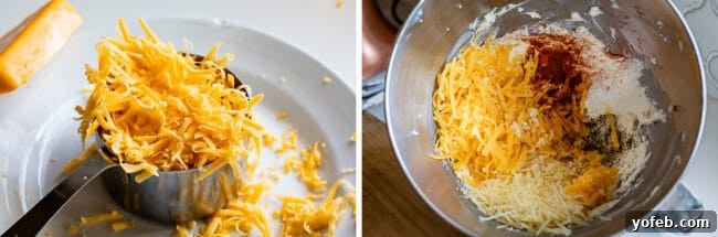 Preparing the Creamy Cheese Filling On the left, shredded cheddar cheese is measured in a cup; on the right, various cheeses are being mixed together in a bowl to create the rich filling for jalapeño poppers.