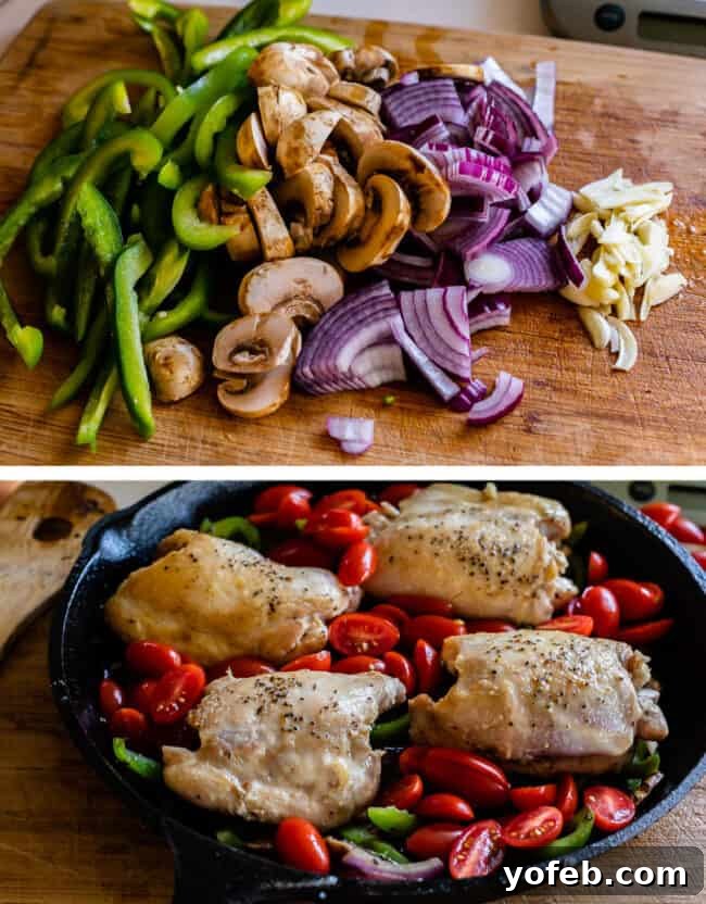 One-Pan Zesty Greek Chicken and Roasted Vegetables 7 A close-up shot of chopped green bell peppers, red onions, mushrooms, and sliced garlic in a cast iron skillet, lightly sautéed before the chicken is added back.