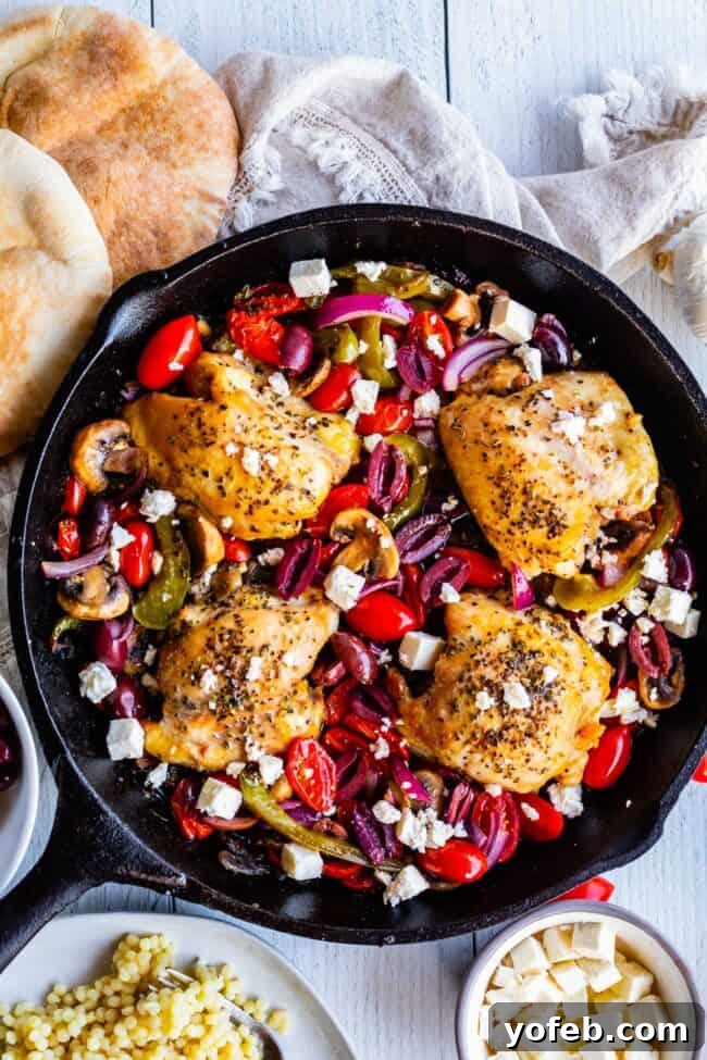 One-Pan Zesty Greek Chicken and Roasted Vegetables 9 Plated oven baked Greek chicken and vegetables, showcasing the generous topping of Kalamata olives and feta cheese, served alongside toasted Israeli couscous.