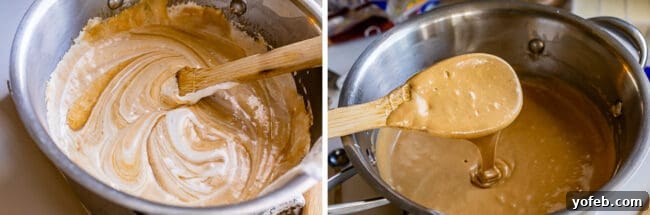 Easy Penuche Fudge Recipe (Brown Sugar Fudge) from The Food Charlatan. An easy recipe for Penuche Fudge! It only takes a few minutes to put together this easy brown sugar fudge. It's similar to my favorite Chocolate Fudge recipe, but instead uses brown sugar and white chocolate. The texture of this fudge is where it's at! #oldfashioned #penuche #fudge #whitechocolate #brownsugar #candy #Christmas #holidays #praline #Easy #recipe #best #withmarshmallowfluff #withevaporatedmilk #pecans #creamy Warm marshmallow creme is skillfully stirred into the rich Penuche Fudge mixture, while another image shows the velvety fudge drizzling temptingly off a wooden spoon.