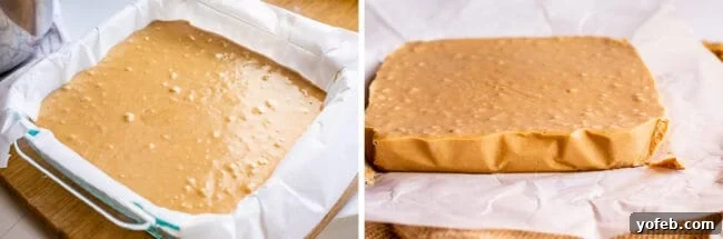Easy Penuche Fudge Recipe (Brown Sugar Fudge) from The Food Charlatan. An easy recipe for Penuche Fudge! It only takes a few minutes to put together this easy brown sugar fudge. It's similar to my favorite Chocolate Fudge recipe, but instead uses brown sugar and white chocolate. The texture of this fudge is where it's at! #oldfashioned #penuche #fudge #whitechocolate #brownsugar #candy #Christmas #holidays #praline #Easy #recipe #best #withmarshmallowfluff #withevaporatedmilk #pecans #creamy Penuche Fudge neatly setting in a pan, followed by an image of the fully set, perfectly firm fudge, ready for slicing.