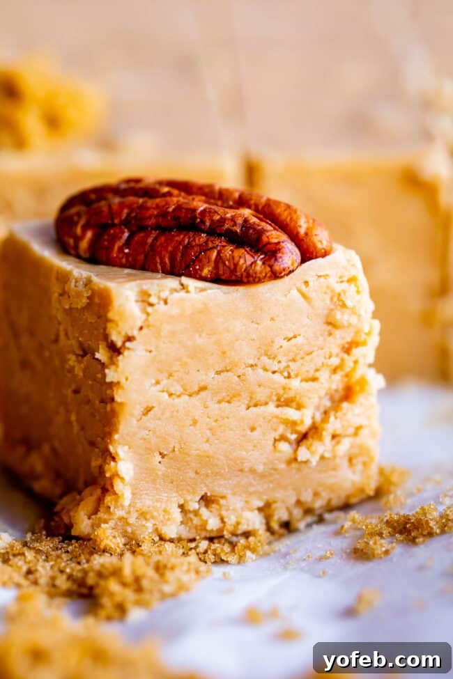 Easy Penuche Fudge Recipe (Brown Sugar Fudge) from The Food Charlatan. An easy recipe for Penuche Fudge! It only takes a few minutes to put together this easy brown sugar fudge. It's similar to my favorite Chocolate Fudge recipe, but instead uses brown sugar and white chocolate. The texture of this fudge is where it's at! #oldfashioned #penuche #fudge #whitechocolate #brownsugar #candy #Christmas #holidays #praline #Easy #recipe #best #withmarshmallowfluff #withevaporatedmilk #pecans #creamy A single, perfectly cut piece of Penuche Fudge, adorned with a toasted pecan on top, showcased on a light surface.