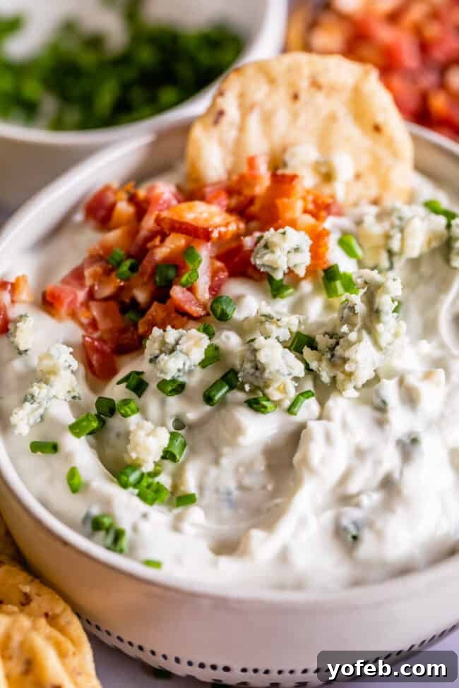 Creamy Blue Cheese Dip Recipe: A Party Favorite Close-up of a bowl of homemade blue cheese dip, rich and creamy, ready for serving.