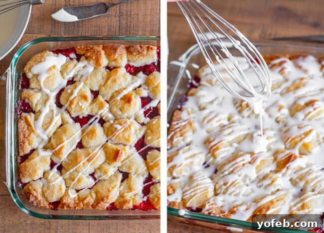 Cherry pie filling spread over a baked shortbread crust, topped with more dough crumbles, ready for the oven.