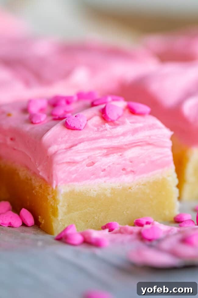 Soft and Chewy Sugar Cookie Bars from The Food Charlatan. These soft and chewy Sugar Cookie Bars are the stuff of dreams!! Adapted from my all time favorite soft sugar cookie recipe, these bars have a secret ingredient that make them supremely chewy. The thick layer of buttercream frosting on top makes them irresistible! #sugar #sugarcookie #bars #cookiebars #easy #recipe #withfrosting #best #buttercream #valentines #cookie #soft #chewy #icing #frosting sugar cookie bars recipe - soft and chewy with pink buttercream frosting