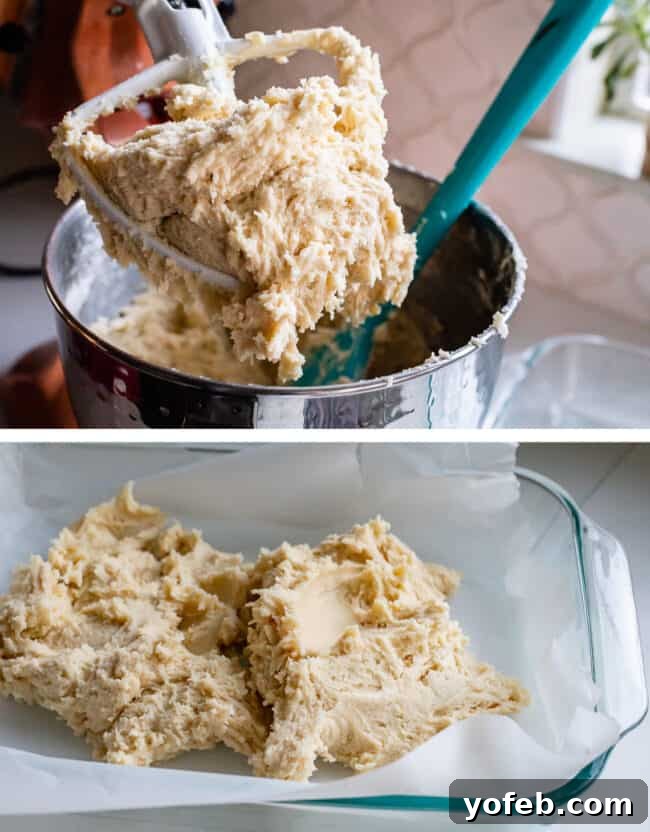 Soft and Chewy Sugar Cookie Bars from The Food Charlatan. These soft and chewy Sugar Cookie Bars are the stuff of dreams!! Adapted from my all time favorite soft sugar cookie recipe, these bars have a secret ingredient that make them supremely chewy. The thick layer of buttercream frosting on top makes them irresistible! #sugar #sugarcookie #bars #cookiebars #easy #recipe #withfrosting #best #buttercream #valentines #cookie #soft #chewy #icing #frosting how to make sugar cookie bars - dough in a pan before baking
