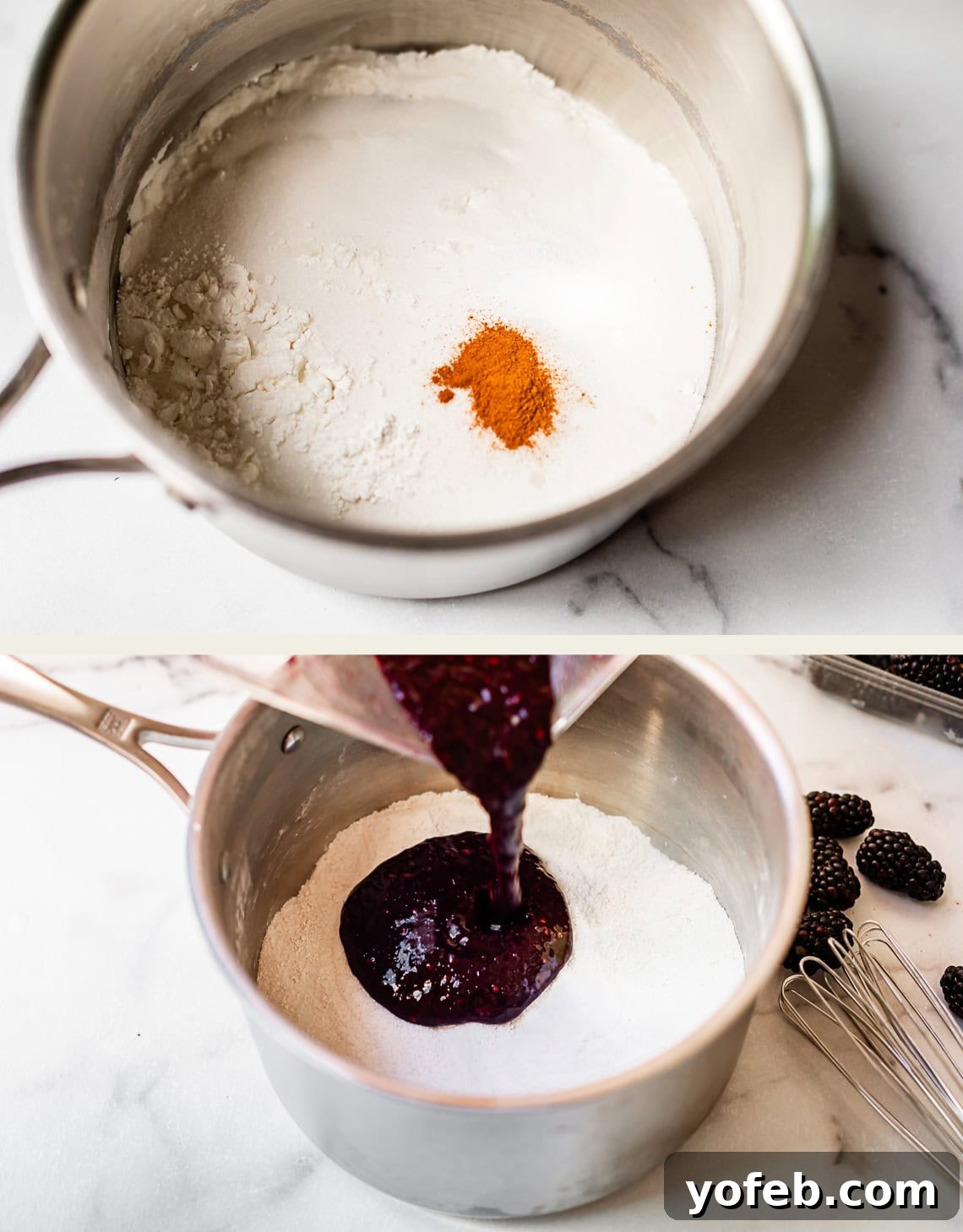 Grandma Georgias Farmhouse Blackberry Bake 11 Top: A metal mixing bowl with flour and a small mound of cinnamon. Bottom: A thick, dark purple blackberry mixture being poured into the dry ingredients in the same bowl, with fresh blackberries and whisks nearby on a marble counter.