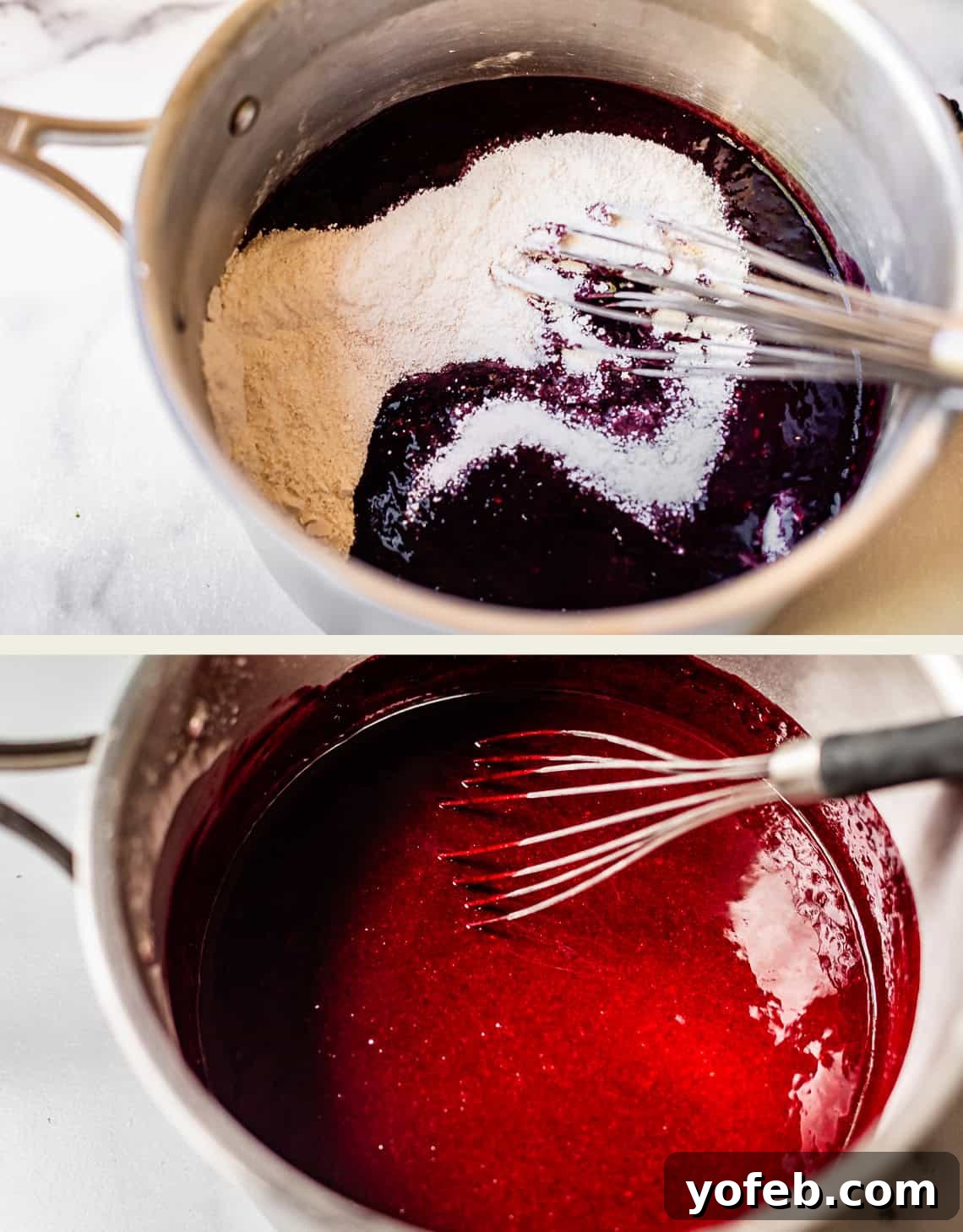 Grandma Georgias Farmhouse Blackberry Bake 12 Two photos show a metal pot on a counter. In the first, a whisk mixes a dark purple liquid with flour. In the second, the mixture is smooth and bright red, with the whisk resting in the glossy liquid.