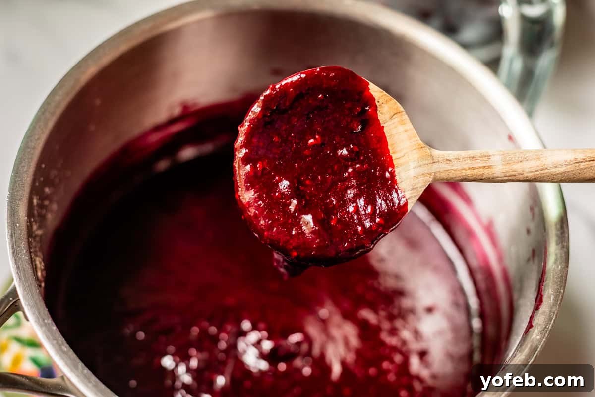 Grandma Georgias Farmhouse Blackberry Bake 13 A wooden spoon holds up thick, dark red berry sauce over a saucepan filled with more of the same sauce.