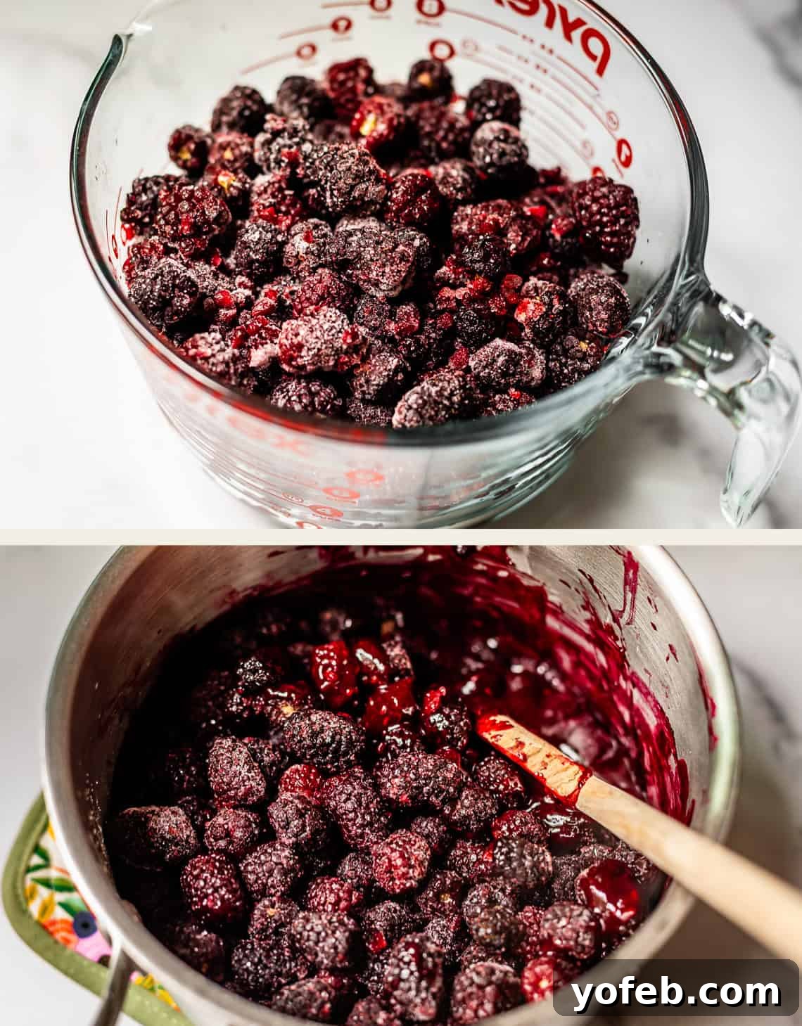 Grandma Georgias Farmhouse Blackberry Bake 14 Top: A glass measuring cup filled with frozen blackberries. Bottom: A metal pot with blackberries cooking and thick red juice, being stirred with a wooden spatula.