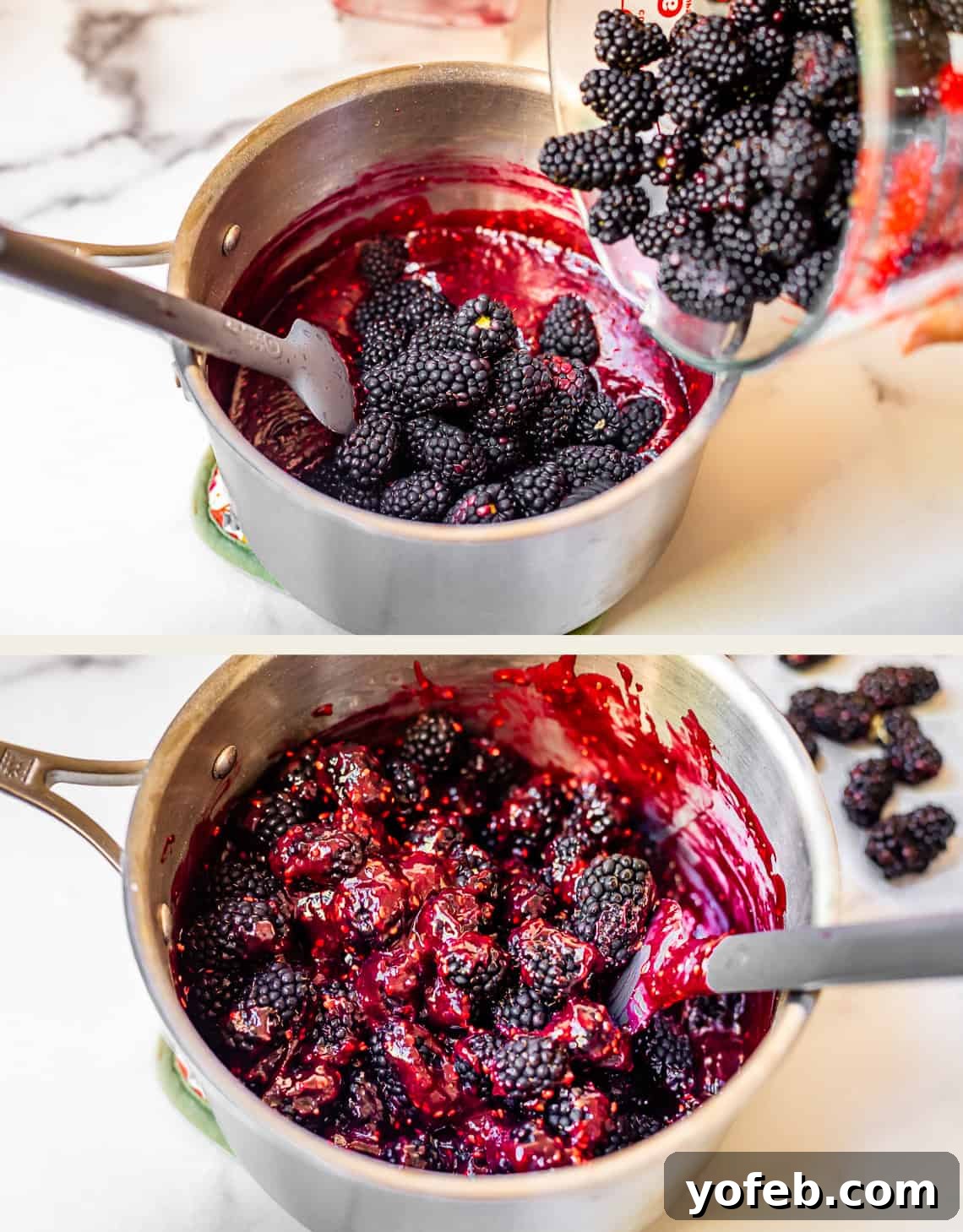Grandma Georgias Farmhouse Blackberry Bake 17 Two images show blackberries being added to a pot of red fruit mixture and then stirred together, creating a thick, glossy blackberry filling on a white countertop.