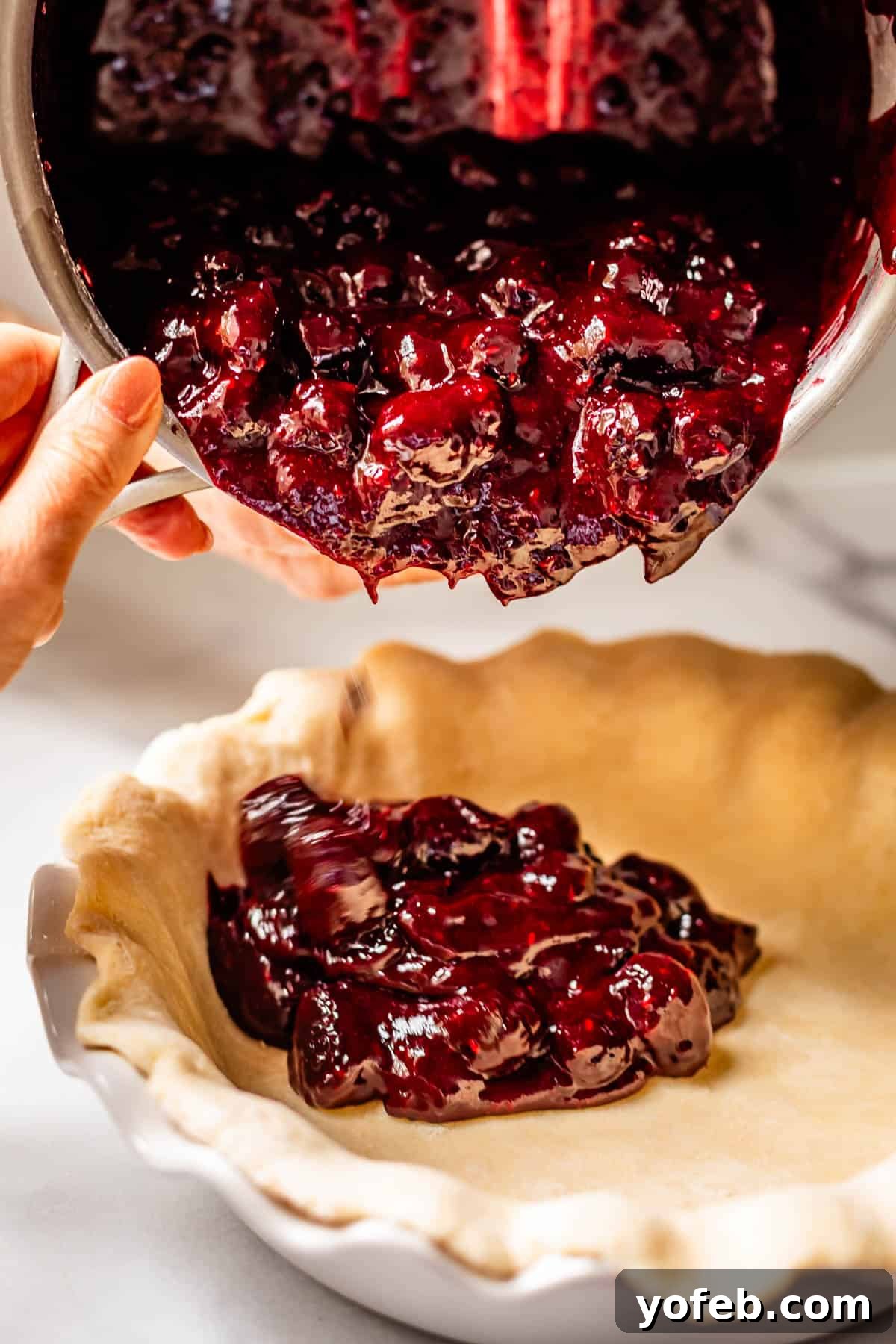Grandma Georgias Farmhouse Blackberry Bake 19 A person pours thick blackberry pie filling from a saucepan into an unbaked pie crust in a ceramic pie dish.