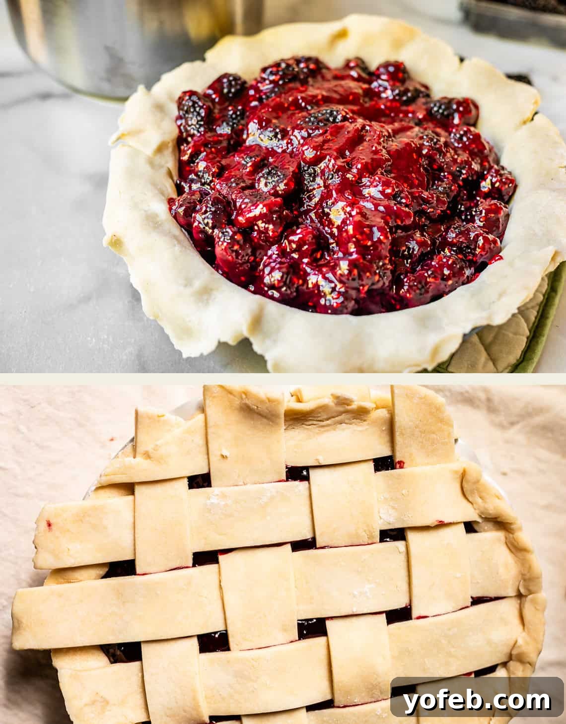Grandma Georgias Farmhouse Blackberry Bake 20 Two images: the top shows an unbaked pie crust filled with a chunky blackberry filling; the bottom shows the same pie covered with a woven lattice top crust, ready to be baked.