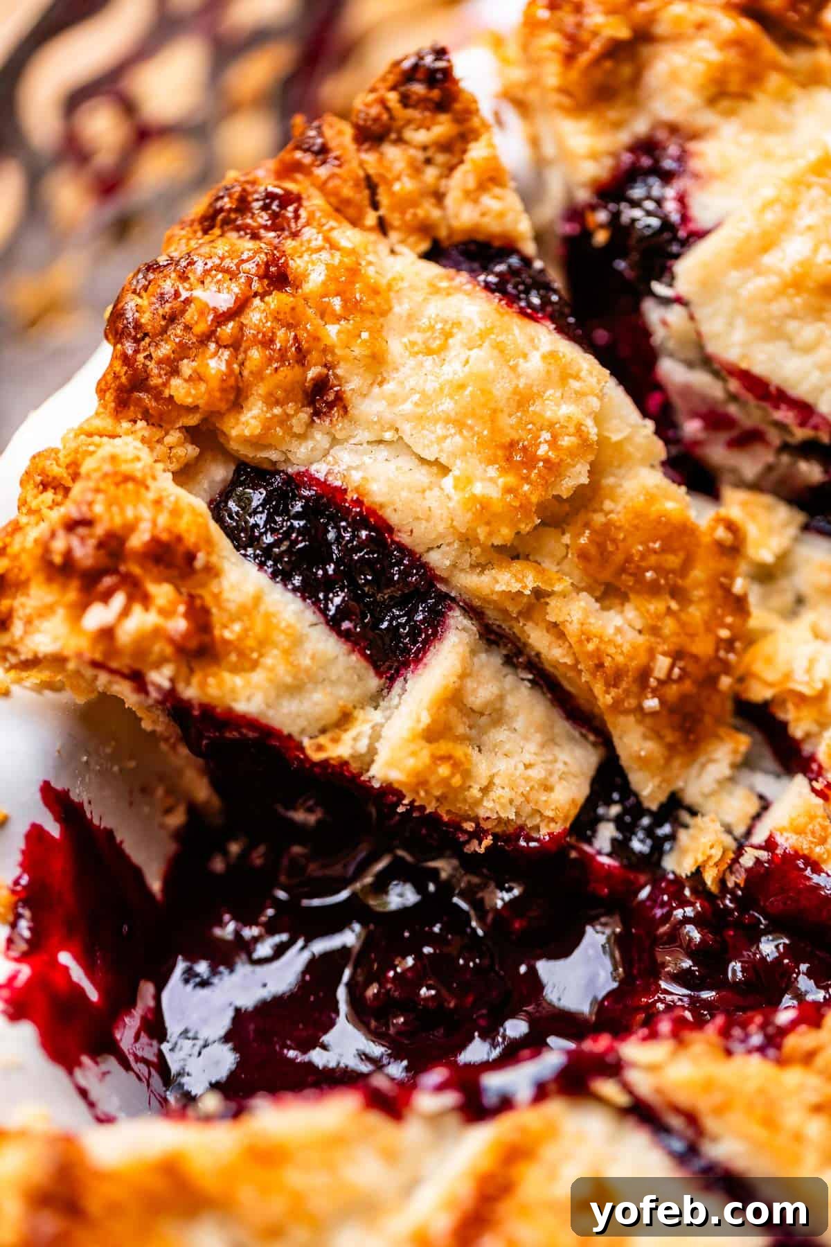 Grandma Georgias Farmhouse Blackberry Bake 3 A close-up of a slice of blackberry pie with a golden, flaky lattice crust and juicy, dark berry filling spilling out onto the dish.