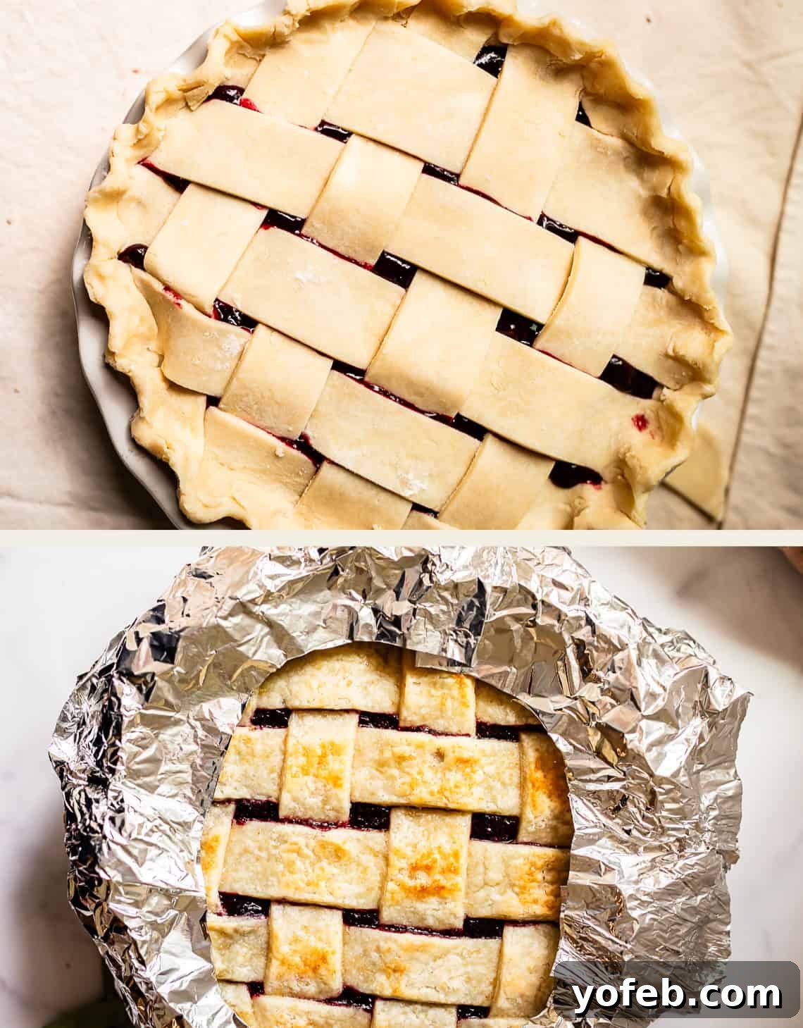 Grandma Georgias Farmhouse Blackberry Bake 21 Two images: the top shows an unbaked lattice-topped pie with crimped edges; the bottom shows the same pie baked to a golden brown, partially covered with foil around the edges.