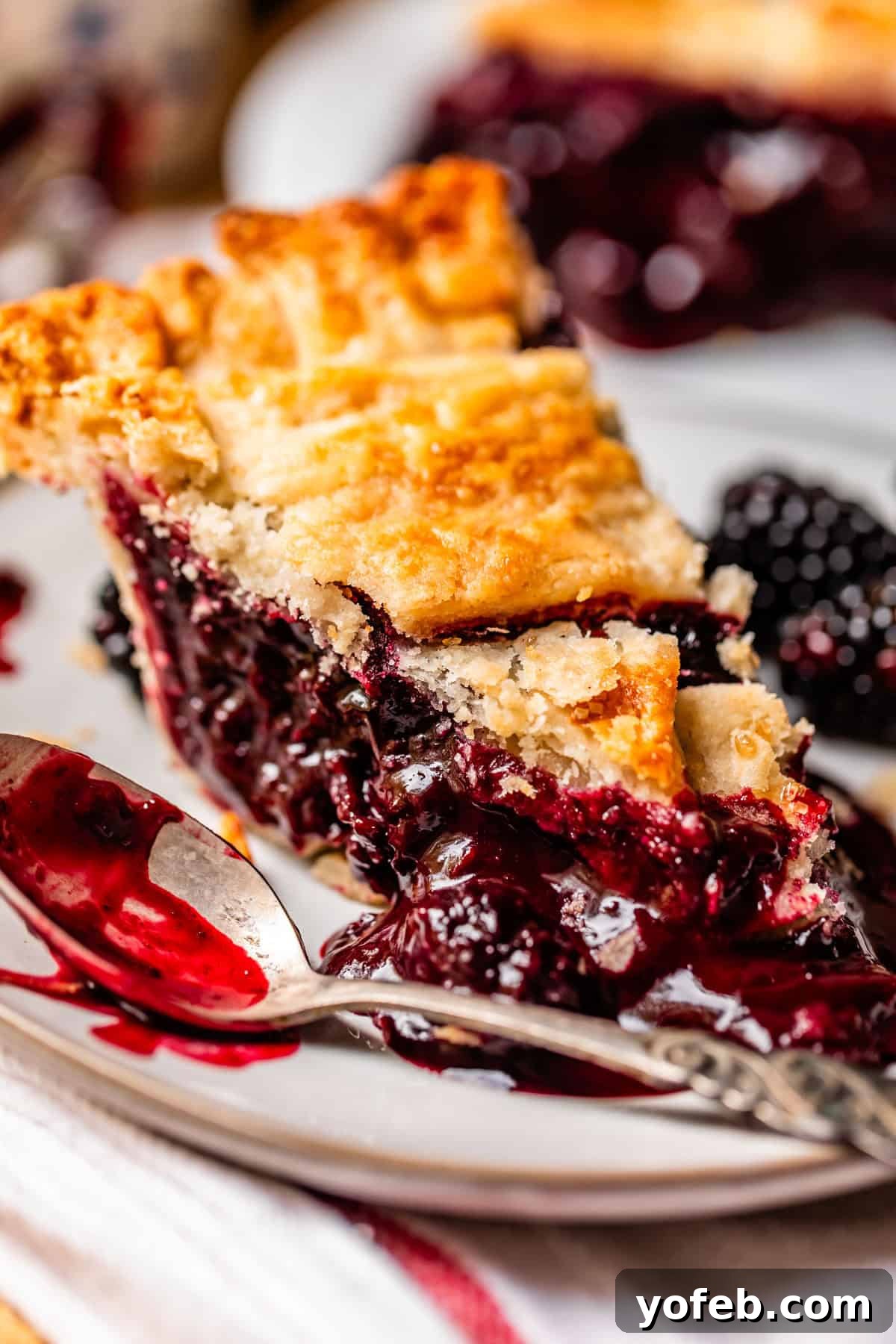 Grandma Georgias Farmhouse Blackberry Bake 23 A close-up of a slice of blackberry pie on a white plate, with a golden, flaky crust and juicy, dark purple blackberry filling oozing out. A spoon with pie filling rests next to the slice.