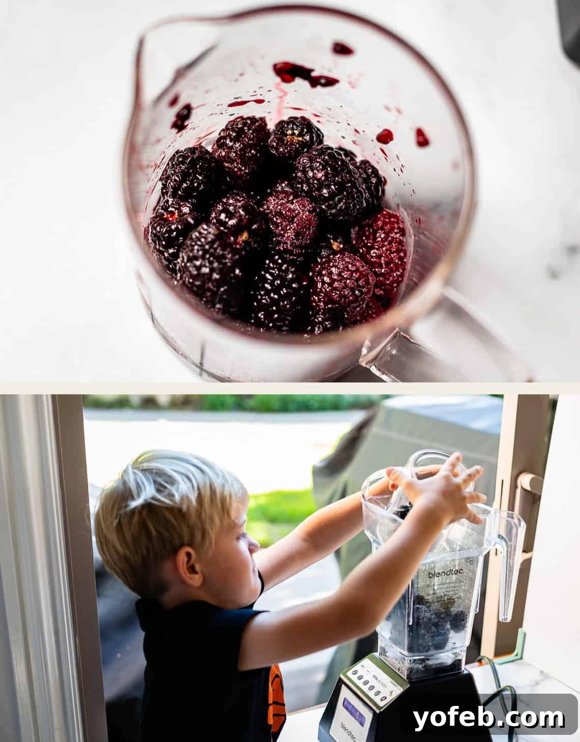 Grandma Georgias Farmhouse Blackberry Bake 9 Top: Close-up of blackberries in a measuring cup. Bottom: Young boy placing the cup of blackberries into a blender on a kitchen counter near a bright window.