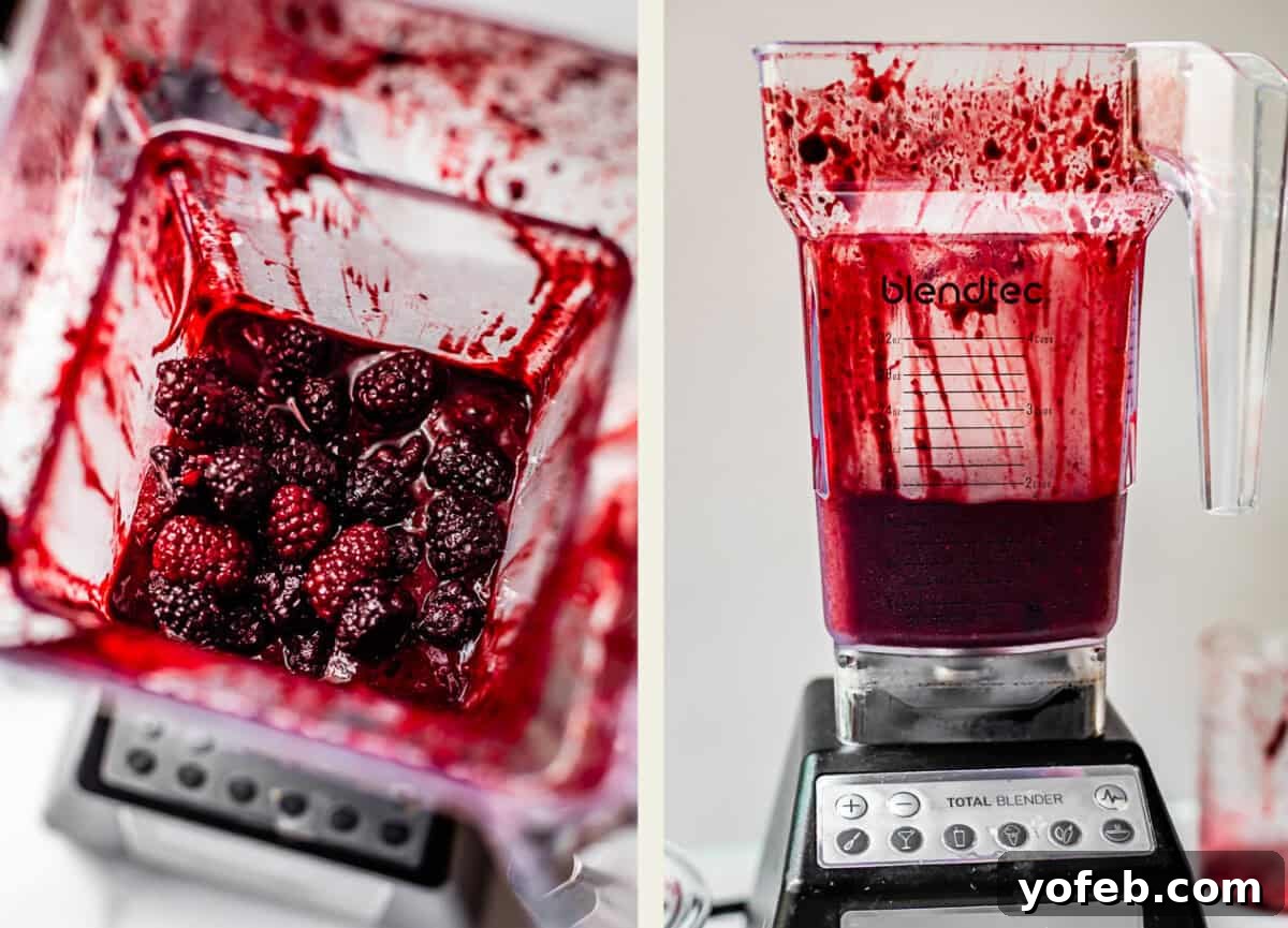 Grandma Georgias Farmhouse Blackberry Bake 10 Two images of a blender: the left shows frozen mixed berries inside, and the right shows the berries blended into a smooth, dark red mixture, with the blender jar covered in berry splatters.
