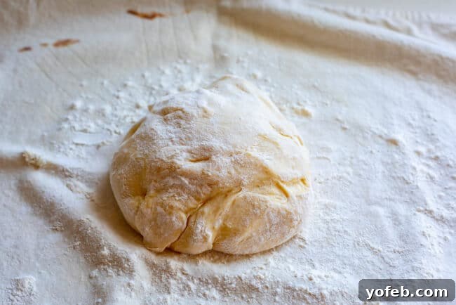 Easy Fluffy One Hour Dinner Rolls from The Food Charlatan. Super easy, fluffy dinner rolls done in ONE hour! And no instant yeast necessary, regular active dry yeast is what I use. These rolls are soft and pillowy and full of buttery flavor! This is my favorite recipe to make for dinner on a weeknight because it is so easy to put together! #rolls #dinnerrolls #easy #recipe #onehour #fromscratch #homemade #quick #1hour #soft #butter #fast #smallbatch #fluffy #yeast #howtomake #stepby_step #simple A soft, round ball of homemade roll dough resting on a pastry cloth, lightly dusted with flour, after the kneading process.