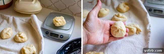 Easy Fluffy One Hour Dinner Rolls from The Food Charlatan. Super easy, fluffy dinner rolls done in ONE hour! And no instant yeast necessary, regular active dry yeast is what I use. These rolls are soft and pillowy and full of buttery flavor! This is my favorite recipe to make for dinner on a weeknight because it is so easy to put together! #rolls #dinnerrolls #easy #recipe #onehour #fromscratch #homemade #quick #1hour #soft #butter #fast #smallbatch #fluffy #yeast #howtomake #stepby_step #simple A sequence of images demonstrating the process of weighing dough portions and shaping them into smooth, round balls for homemade rolls.