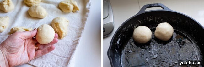 Easy Fluffy One Hour Dinner Rolls from The Food Charlatan. Super easy, fluffy dinner rolls done in ONE hour! And no instant yeast necessary, regular active dry yeast is what I use. These rolls are soft and pillowy and full of buttery flavor! This is my favorite recipe to make for dinner on a weeknight because it is so easy to put together! #rolls #dinnerrolls #easy #recipe #onehour #fromscratch #homemade #quick #1hour #soft #butter #fast #smallbatch #fluffy #yeast #howtomake #stepby_step #simple A baker is carefully placing perfectly shaped dinner rolls into a buttered cast iron pan, preparing them for baking.