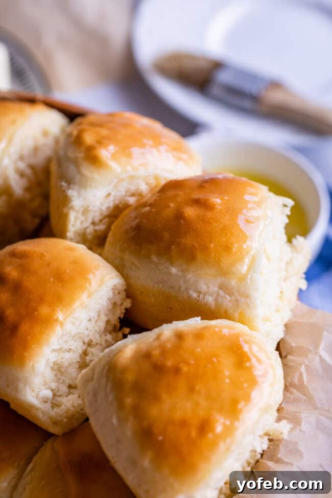 Easy Fluffy One Hour Dinner Rolls from The Food Charlatan. Super easy, fluffy dinner rolls done in ONE hour! And no instant yeast necessary, regular active dry yeast is what I use. These rolls are soft and pillowy and full of buttery flavor! This is my favorite recipe to make for dinner on a weeknight because it is so easy to put together! #rolls #dinnerrolls #easy #recipe #onehour #fromscratch #homemade #quick #1hour #soft #butter #fast #smallbatch #fluffy #yeast #howtomake #stepbystep #simple A close-up shot of several buttery dinner rolls, pulled apart to reveal their soft, airy interior, emphasizing their fluffy texture.