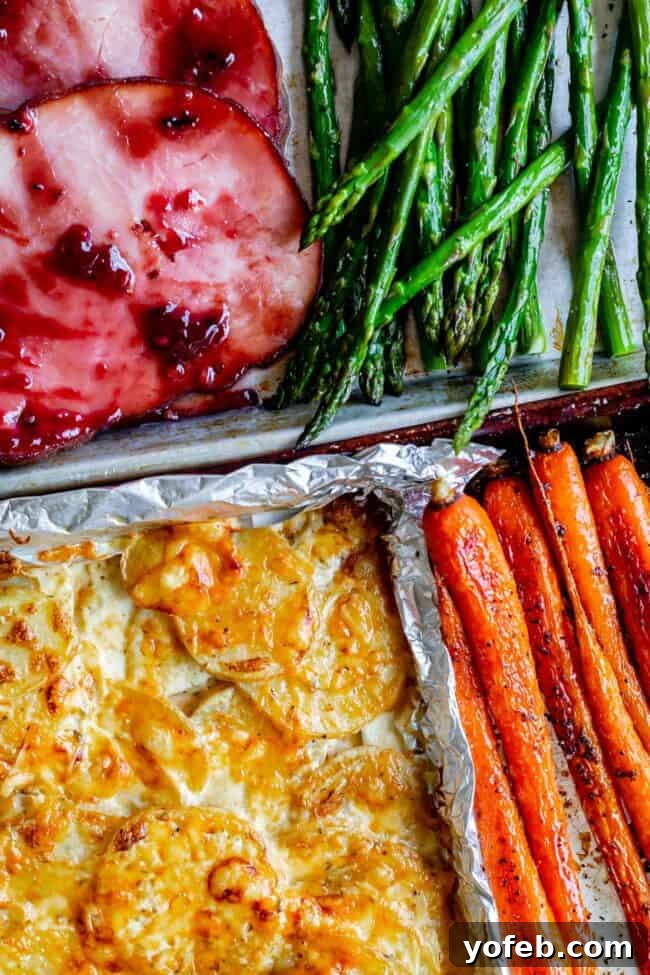 A cozy and delicious holiday meal for few people, prepared on sheet pans Small crowd holiday dinner featuring sheet pan ham and potatoes