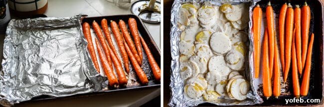 Innovative foil barrier on a sheet pan to separate ingredients while cooking Sheet pan with aluminum foil barrier for potatoes and carrots