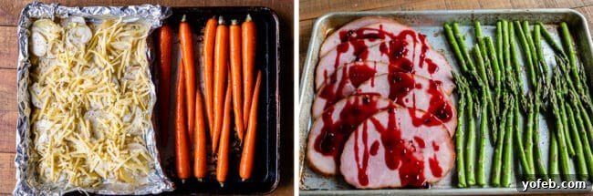 Prepared ingredients arranged on a sheet pan for a delicious and easy holiday meal Sheet pan dinner components before cooking: ham, potatoes, and vegetables