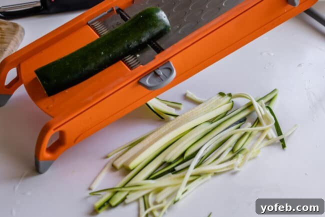 Spiralizer-Free Zucchini Noodles 8 A mandoline being used to create long, straight zucchini noodles, demonstrating the slicing motion.