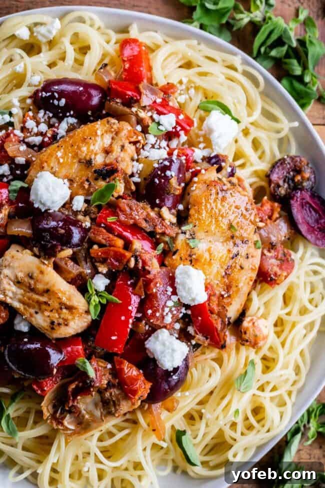 Quick & Healthy Greek Pasta with Chicken & Zoodles Greek Pasta with Chicken and Zoodles - a healthy and quick 30-minute Mediterranean dinner recipe featuring seared chicken, tomatoes, red bell peppers, artichokes, and Kalamata olives, served over pasta or zucchini noodles.