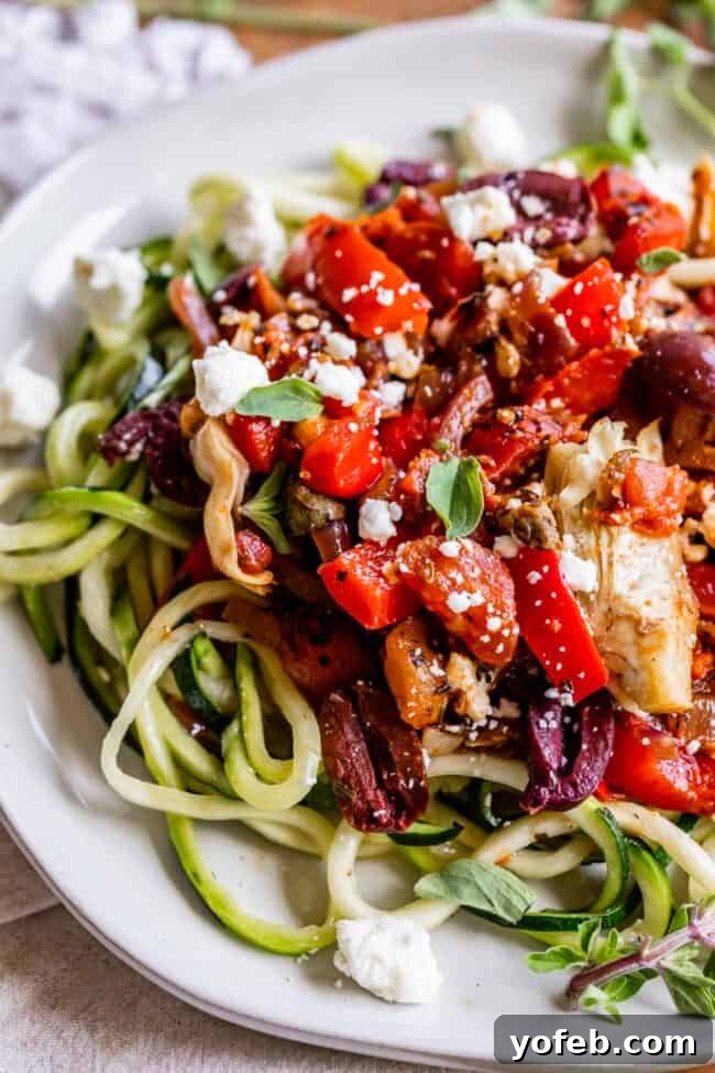 Vegetarian Mediterranean Pasta Vegetarian Mediterranean pasta, abundant with artichoke hearts, sun-dried tomatoes, Kalamata olives, bell peppers, and feta cheese, served without chicken.