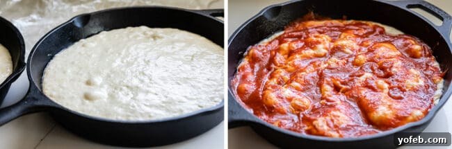 Pizza dough after its final rise, now spread with savory sauce, ready for toppings.