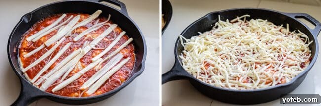 Layering both sliced and shredded mozzarella cheese generously onto the pizza base.