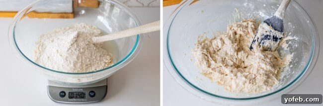 The initial steps of mixing dry, then wet ingredients to form the pizza dough.