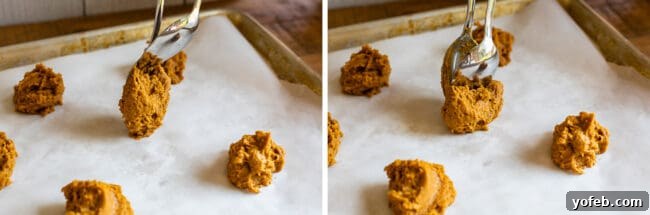 Moist pumpkin cookie dough, easily spooned onto baking sheets for soft, cakey results. Pumpkin cookie dough being dropped onto a baking sheet, showcasing its moist consistency