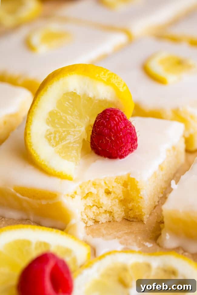 Lemon Sheet Cake with Lemon Glaze. This Lemon Sheet Cake with Lemon Glaze is perfect for lemon lovers! A supremely lemony and MOIST cake, paired with a bright lemon glaze. It is perfect for summertime, or anytime! This recipe feeds a crowd and is super easy to make. #lemon #cake #sheetcake #lemoncake #citrus #summer #easy #recipe #zest #tart #withglaze #fromscratch #homemade #glaze #best #Texas #simple #dessert #feedsacrowd #foracrowd squares of glazed lemon sheet cake with lemon slices and fresh raspberries, a bite missing from one piece.