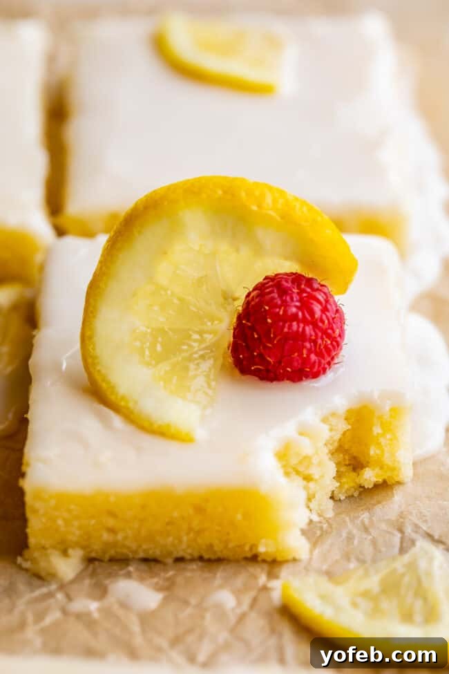Lemon Sheet Cake with Lemon Glaze. This Lemon Sheet Cake with Lemon Glaze is perfect for lemon lovers! A supremely lemony and MOIST cake, paired with a bright lemon glaze. It is perfect for summertime, or anytime! This recipe feeds a crowd and is super easy to make. #lemon #cake #sheetcake #lemoncake #citrus #summer #easy #recipe #zest #tart #withglaze #fromscratch #homemade #glaze #best #Texas #simple #dessert #feedsacrowd #foracrowd squares of lemon sheet cake with glaze, sliced lemons, and a fresh raspberry, with one bite taken from the cake