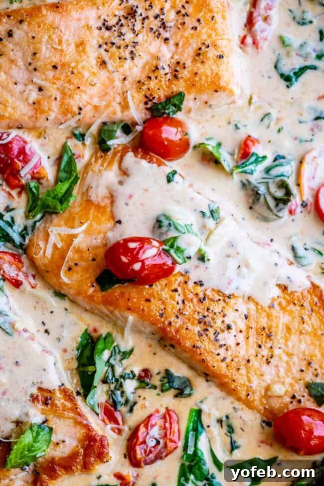 Creamy Tuscan Salmon (30 Minute Dinner!) from The Food Charlatan. This Creamy Tuscan Salmon recipe is totally restaurant quality, but super easy to make! Perfectly pan-seared salmon, drowning in a creamy parmesan sauce with garlic, cherry tomatoes, spinach, and fresh basil. It's the perfect summer meal and is done in 30 minutes! #easy #recipe #summer #garden #salmon #tuscan #creamy #cherrytomato #basil #spinach #parmesan #tomato #30minutedinner #oneskillet #garlic #butter #garlicbutter #pasta closeup overhead shot of creamy Tuscan salmon with a vibrant cream sauce, juicy cherry tomatoes, fresh spinach, and bright green basil leaves.