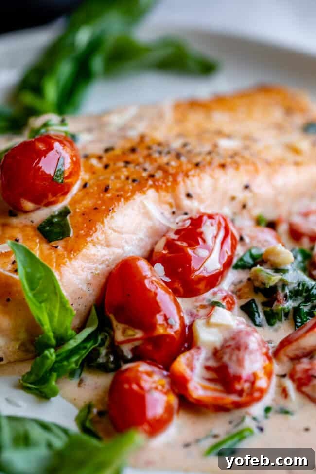 Creamy Tuscan Salmon (30 Minute Dinner!) from The Food Charlatan. This Creamy Tuscan Salmon recipe is totally restaurant quality, but super easy to make! Perfectly pan-seared salmon, drowning in a creamy parmesan sauce with garlic, cherry tomatoes, spinach, and fresh basil. It's the perfect summer meal and is done in 30 minutes! #easy #recipe #summer #garden #salmon #tuscan #creamy #cherrytomato #basil #spinach #parmesan #tomato #30minutedinner #oneskillet #garlic #butter #garlicbutter #pasta side view of a pan with creamy Tuscan salmon, featuring seared salmon fillets, bright cherry tomatoes, and fresh basil.