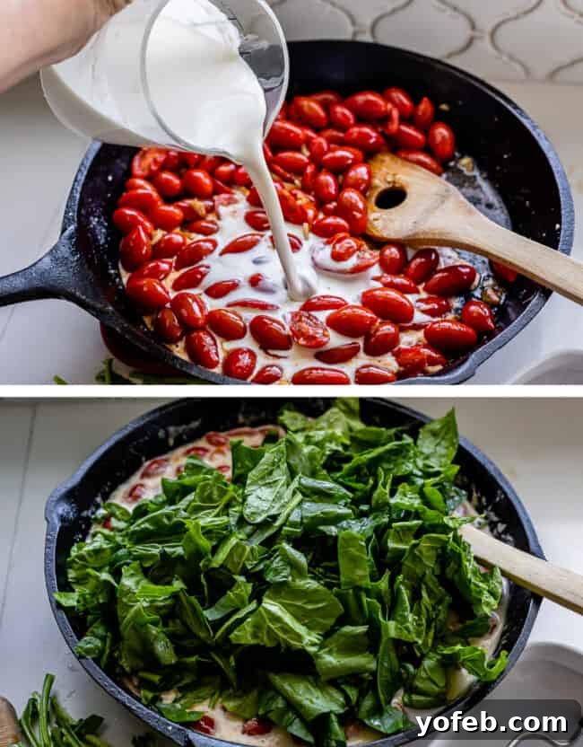 Creamy Tuscan Salmon (30 Minute Dinner!) from The Food Charlatan. This Creamy Tuscan Salmon recipe is totally restaurant quality, but super easy to make! Perfectly pan-seared salmon, drowning in a creamy parmesan sauce with garlic, cherry tomatoes, spinach, and fresh basil. It's the perfect summer meal and is done in 30 minutes! #easy #recipe #summer #garden #salmon #tuscan #creamy #cherrytomato #basil #spinach #parmesan #tomato #30minutedinner #oneskillet #garlic #butter #garlicbutter #pasta rich heavy cream being poured over vibrant cherry tomatoes and fresh spinach wilting in a skillet, creating the creamy Tuscan sauce.